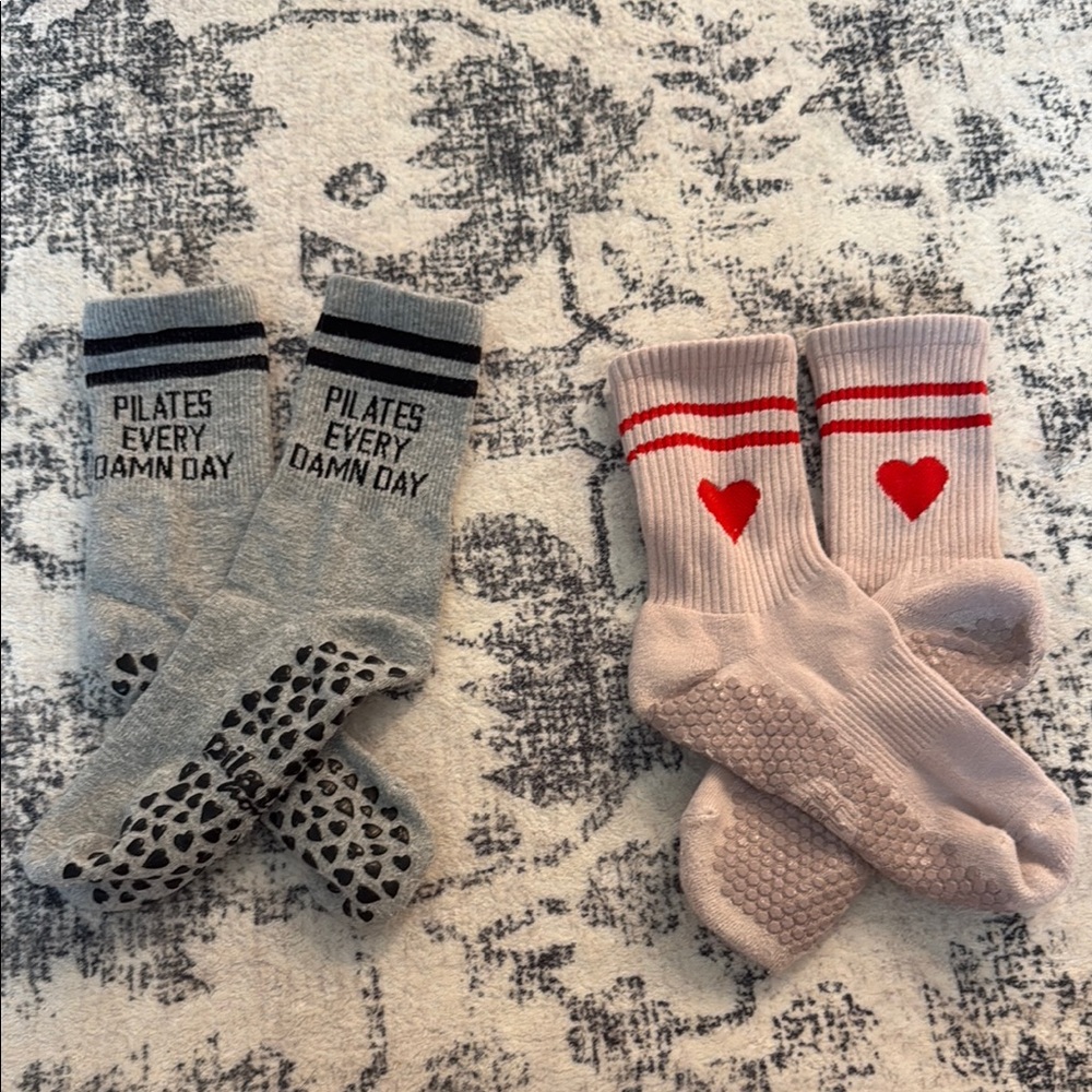 Gray and Pink Grip Socks Set with Heart and Text Design